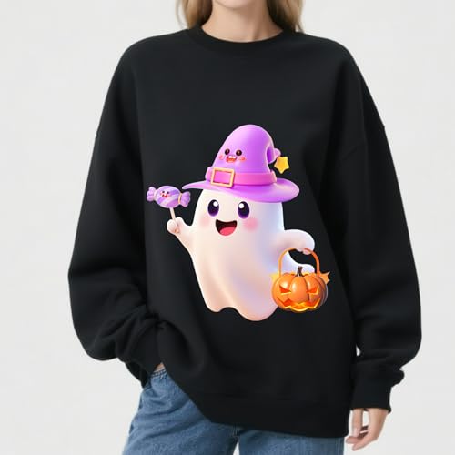 IRUD Halloween Sweatshirts for Women - Oversized Ghost Pumpkin Lantern Candy Pattern Round Neck Casual Long Sleeve - image 2