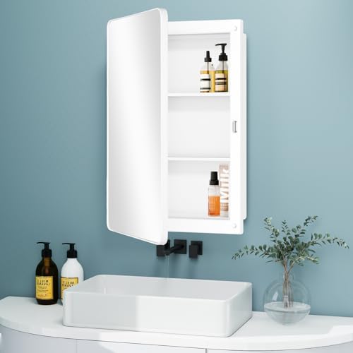 Fundin Kunststoff-Spiegelschrank mit Abgerundeter Ecke, rahmenloser Tür, Einbau- und Oberflächenmontage, Weiß, 40 x 56 cm