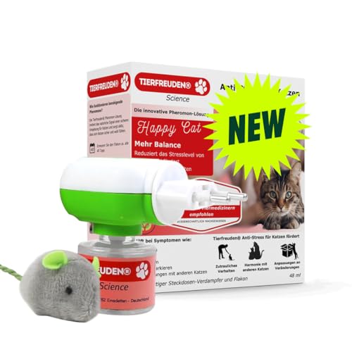 Tierfreuden® Science aus Deutschland | Anti-Stress Startset für Katzen | Pheromon-Diffuser, 48 ml Nachfüller & Katzenminze-Maus | Reduziert Stress,...