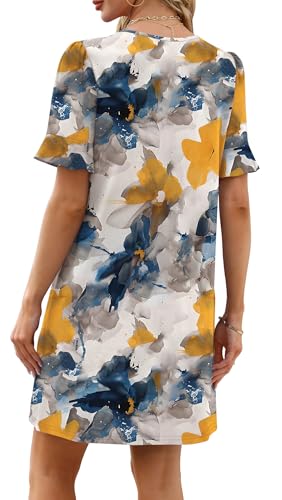 Image of OFEEFAN Summer Dresses for Women Ruffle Short Sleeve V Neck Casual Shift Dress with Pockets