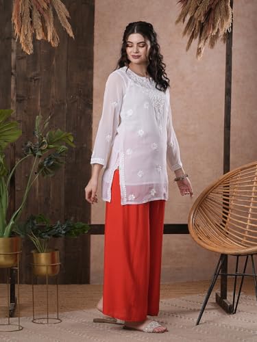Image of Ada Women's & Girl's Georgette Hand Embroidered Lucknow Chikankari Regular Fit Short Kurti Top with Slip A911300