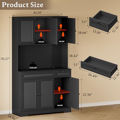 Image of BORNOON Pantry Cabinet with Charging Station and Light, Tall Kitchen Pantry Storage Cabinet with Microwave Stand, Wide Fluted Kitchen Hutch with Storage Drawers and Adjustable Shelves for Dining Room