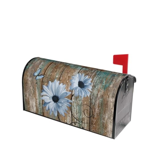 Image of Rustic Daisy Board Mailbox Cover Magnetic, Blue Sunflowers Vintage Wood Grain Plank Mailbox Wrap Letter Post Box Cover for Yard Garden Outside Home Decor, Large Size 25.5x21 Inch