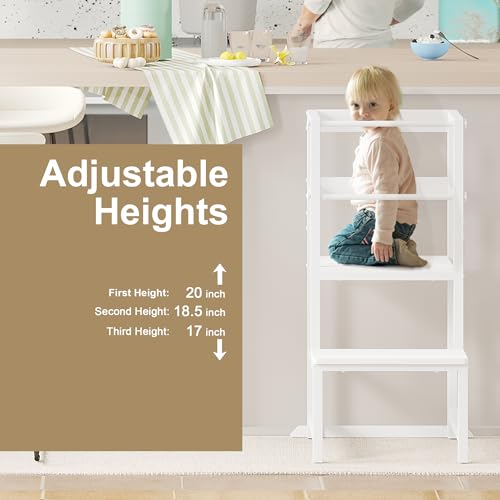 Image of INNOD Kitchen Step Stool for Toddlers, Height Adjustable Toddler Tower with Safety Rail, Steel and Wood Toddler Kitchen Stool Helper Kids, Stool for Kids, Learning Tower, Kids' Desk White