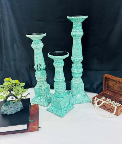 Rustic Wooden Pillar Candle Holders Set of 3, 18'' 15'' 12'' Farmhouse Wood Candle Stand for Table Centerpieces, Vintage Tall Candleholders Fireplace Mantel Decor for Living Room