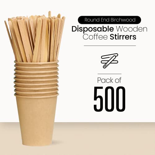Image of Coffee Stirrers Disposable Wooden Coffee Stir Sticks - Round-End Birchwood 5.5 Inches Large Wooden Stir Sticks - Pack of 500