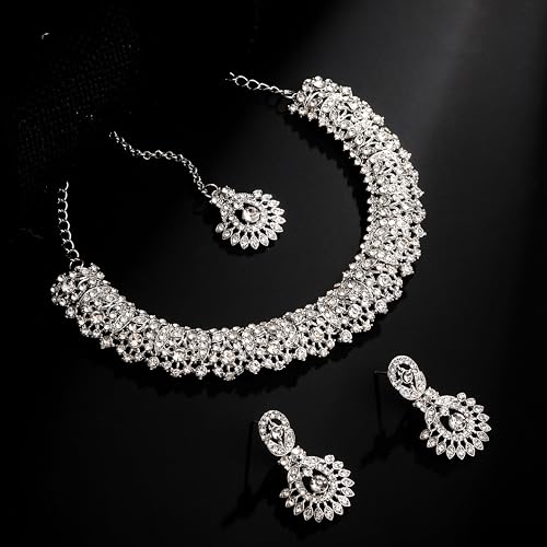 Image of Atasi International Silver Plated White Crystals American Diamonds Stylish Necklace Set with Earrings and Maang Tikka for Women and Girls | Stylish Jewellery for Party, Wedding and Festive Occasions (R6154)