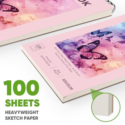 Image of Soucolor Sketch Book 9 inch x 12 inch for Teen Girls, Cute Pink Sketchbook | 100 Sheets Spiral Notebook Drawing Pad|Pastel School Art Supplies for Beginner Artists|Arts and Crafts Gifts Set for Women