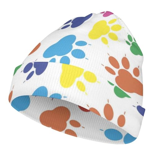 Rainbow Paw Footprint Animal Pattern Kids Beanie Hat for for Girls Boys Children Cap Winter Knitted Chemo Cancer Headwear Accessories Gifts Decoration