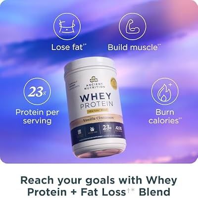Ancient Nutrition Grass Fed Whey Protein + Fat Loss Blend, Vanilla Cinnamon, 23g Protein, Promotes Fat Loss and Boost Metabolism, Organic Regenerative A2/A2 Milk Protein,18 Servings