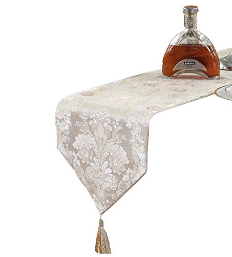 HomeyHo Floral Embroidery Table Runner Decorate Table Runner with Tassel European Table Runner Embroidered Table Runner Floral Wedding Table Runners Dinner Room Table Runner, 13 x 83 Inch, Beige