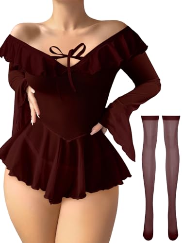 Image of Foxiny Sheer Ruffle Long Sleeve Babydoll Lingerie Dress | Off-shoulder neckline, flared cuffs and a flounce hem add movement; thong and thigh-high stockings complete the 3-piece set