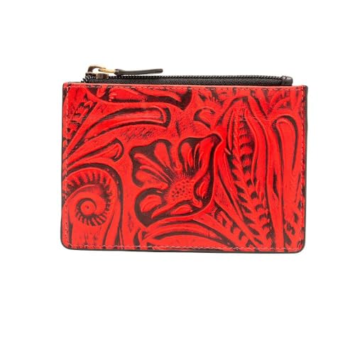 Myra Bag Reddy Holdy Embossing Color Print Leather Credit Card Holder - Red Compact Slim Wallet with Zipper & Card Slots, Small Coin Purse, Card Case Front Pocket for Women, Ideal for Party, Shopping
