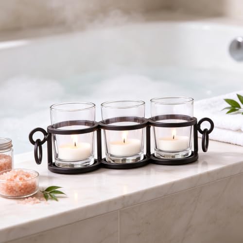 Image of HOSLEY Clear Glass Tealight Candle Holders| Black Tealight Candle Holders with Glass Holders Perfect for Home Decor Tabletop Centerpiece| Pack of 1 with Pack of 3 Tealights