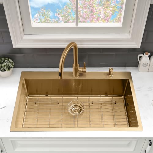VASOYO 33 Inch Gold Drop In Kitchen Sink with Faucet Combo
| 33x22 Inch Gold Kitchen Sink with Faucet Combo Set Stainless Steel
| 33 Inch Gold Topmount Sink with Faucet Combo VASOYO