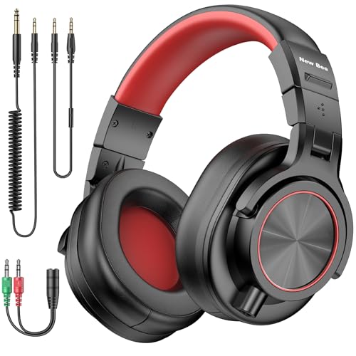 Image of New Bee Studio Headphones, Wired Headphones with 50mm Drivers, Professional DJ Headphones for Recording Mixing Podcast Guitar Piano, 210g Ultra-Lightweight Design, 3.5 /6.35mm Jack, Red Black