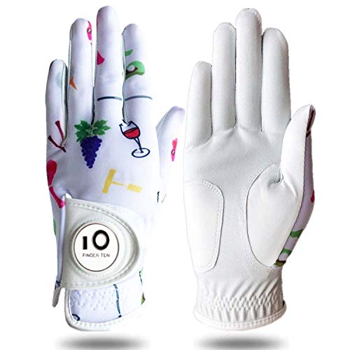 Womens Golf Glove with Ball Marker Rain Left Right Hand Leather Printed Pack, Ladies Golf Gloves All Weather Grip Breathable Soft Size Small Medium Large XL (Wine&Golf, Small-Worn on Left Hand)