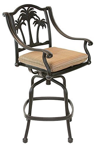 Palm Tree Outdoor Patio Set 6Pc Swivel Barstools 30" H Dark Bronze Cast Aluminum, Walnut Cushions #TOP2