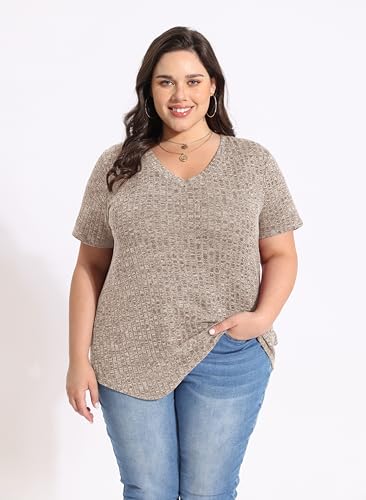 CARCOS Plus Size Tops for Women Short Sleeve Shirts Basic V Neck Summer Tshirts Casual Tunics XL-5XL2