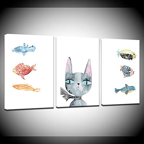Tableau Triptyque Chat et Poisson pour décorer une chambre d'enfant ludique