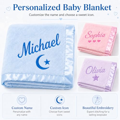 Image of Personalized Baby Blanket with Embroidered Name, Custom Baby Girl Receiving Blankets, Flannel Monogrammed Nursery Bed Blankets, Soft Baby Swaddle for Infant Toddler Newborn