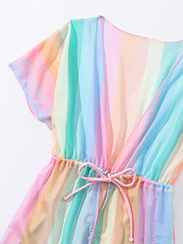 OYOANGLE Girl's Drawstring Waist Short Sleeve Swimwear Kimono Sheer Mesh Cover Up Short Dress3