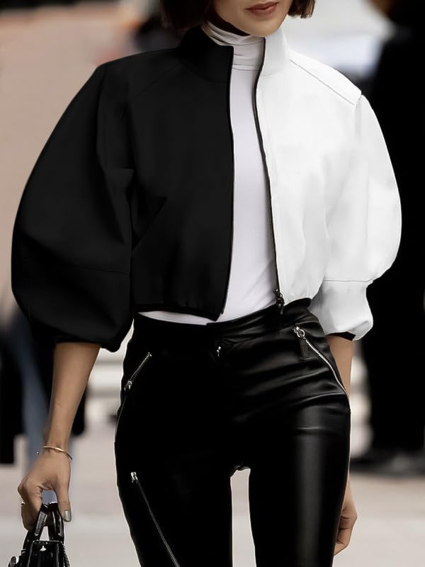 UOOZEE Women's 3/4 Puff Sleeve Stand Collar Zip Up Jackets Outerwear Cropped Bomber Lightweight Jacket 20252