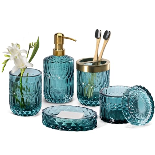 EMPO Set de 6 accesorios de baño, cristal transparente (dispensador de jabón, jabonera, portacepillos, vaso, tarro para bastoncillos), moderno contemporáneo, vintage, regalo, océano verde azulado