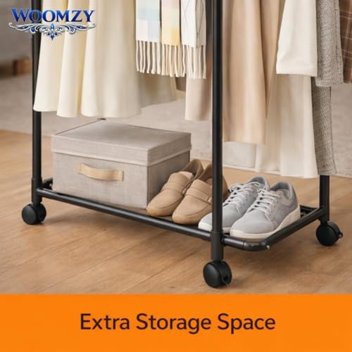 Image of WOOMZY Heavy-Duty Metal Hanger Stand for Clothes Hanging, Garment Stand Rack Clothe Storage Freestanding Cloth Hanging Stand for Bedroom, Entryway, Support for Side Back (Black-Round)