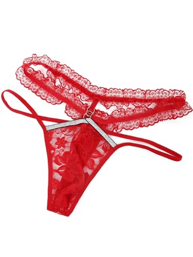 HAVBX Mens Lace Frilly Sissy Panties Pouch Thong, Feminine G string Underwear For Men Sexy Lingerie (US, Alpha, One Size, Regular, Regular, Red)