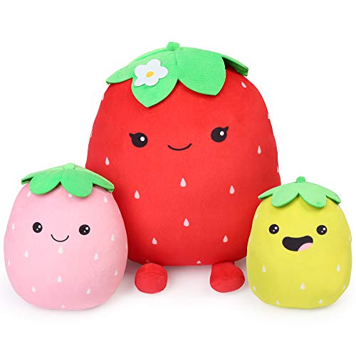 Image of BenBen Strawberry Plush Toy, Set of 3, 12'', 7'' and 6'', Squishy Fruit Stuffed Plushies, Soft Hugging Cushion, Plush Pillow for Girls, Home Decorations, Easter Gifts
