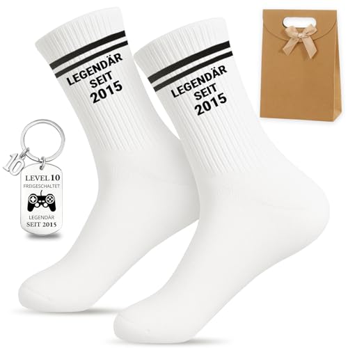 PIujsym Geschenk Set 11 Geburtstag Junge & Mädchen - Legendär seit 2015 Socken & Gaming Schlüsselanhänger mit Tüte - Lustige Geschenke für 11 jährige Jungen & 11 Jahre Mädchen Weiß Baumwolle
