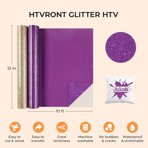 Image of HTVRONT Purple Glitter HTV Heat Transfer Vinyl - 12 inch x 10ft Purple Glitter Iron on Vinyl for Shirts, Glitter HTV Vinyl Rolls for Heat Transfer Design