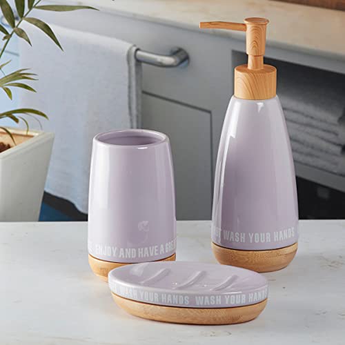 Image of SaSaSa Ceramic Bathroom Set of 3 Modern Bath Accessories Kit with Soap Dispenser, Toothbrush Holder & Dish - Stylish & Elegant Bathroom Decor, Purple (9884)