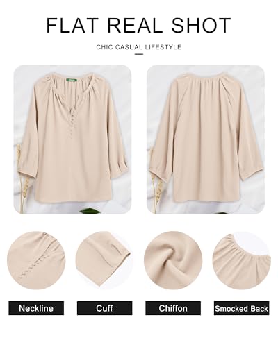Womens Blouses Dressy Casual V Neck 3/4 Sleeve Tops Fashion Boho Chiffon Button Down Shirts3