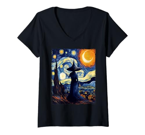 Femme Witch Halloween Starry Night Van Gogh Aesthetic Painting T-Shirt avec Col en V