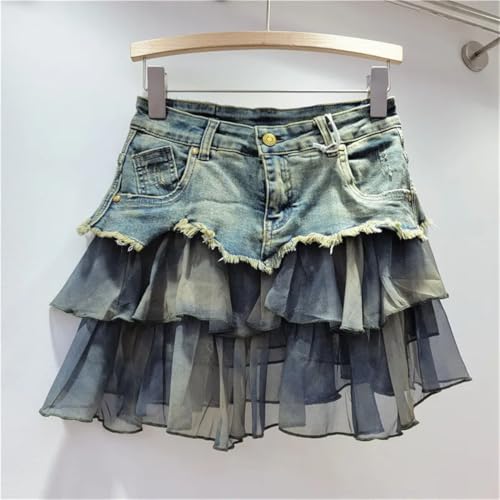 Women High Waist Colorblock Denim Skirt American Loose A-Line Short Skirt Street Summer Style3