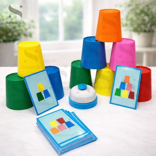 Image of Satpurush Battle Jenga Cup Stacking Game for Kids | Color Matching & Brain Development Toy | Educational Speed Game with Bell & 50 Challenge Cards | Age 3+ | Multiplayer Family Game.