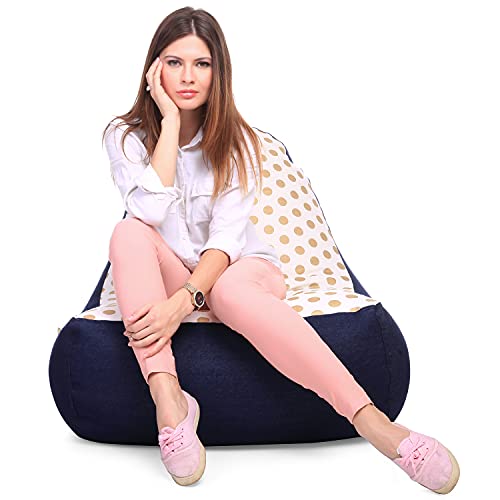 Image of Style Homez Urban Design Denim Canvas Polka Dots Printed Chair Bean Bag XXL Size Filled with Beans Fillers