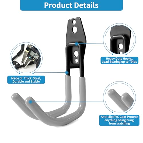 Garage Storage Utility Hooks?Garage Garden Tool Organizer?Steel Wall Mount Hooks, Large Garden U Hooks ?2 Pack? (Type-2-Gray)