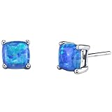 Peora Created Fire Blue Opal Stud Earrings for Women in 14 Karat White Gold, Classic Solitaire,...