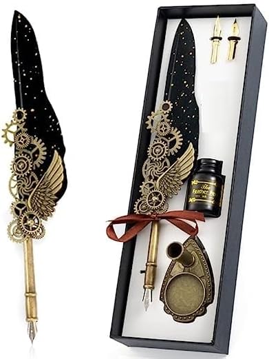 HASTHIP® Quill Pen Set Mechanic Style Calligraphy with Blue or Black Ink 2 Replacement Nibs Holder Vintage Signature Fountain Dip Gift Black 3PCS