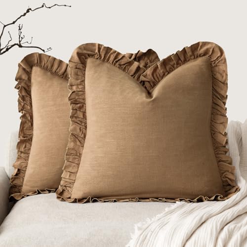 Image of Foindtower Set of 2 Decorative Soild Fringe Ruffle Throw Pillow Covers Soft Boho Farmhouse Cushion Cover Cozy Accent Retro Pillowcase for Couch Sofa Bed Living Room Home Decor,20x20 Inch,Orange Brown