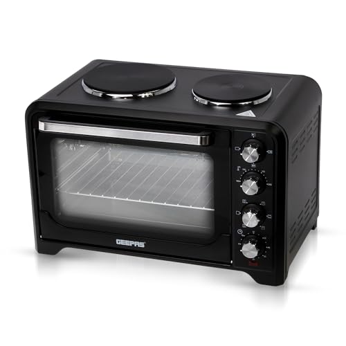 GEEPAS 38L Mini Oven with 2 Hot Plates | Tabletop Electric Oven with Rotisserie Convection | 1600W Temp Control 100–230°C Double Glass Door 60min Timer Auto Shut Off | Compact for Dorm Caravan Kitchen