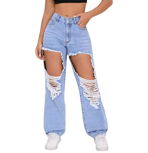 Glkaend Women's Relaxed Fit Ripped Wide Leg Jeans High Waist