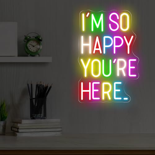 Image of I'm So Happy You're Here Neon Sign Positive Affirmation LED Sign | USB Powered Dimmable Neon Light for Bedroom Classroom Backdrop Decor Aesthetic 16.5 inchx10.8 inch