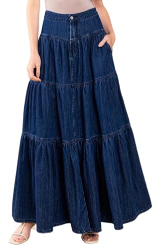kiobrvhe Women's A-Line Half Body Cake Fluffy Skirts Y2k Loose Solid Color Long Denim Low-Waisted Vacation Style Skirt
