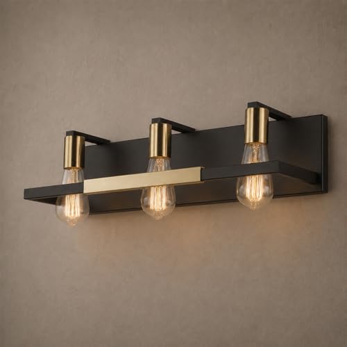 Hamilyeah Luminaires rustiques de salle de bain au-dessus d'un miroir, éclairage de vanité noir mat et doré pour salle de bain, 3 luminaires muraux vintage, éclairage mural industriel de cuisine