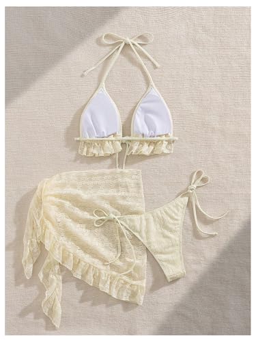 GORGLITTER Women's Lace Triangle Halter Swimsuit High Waisted Bikini Sets with Swim Sarong Coverup 3 Piece Bathing Suit3