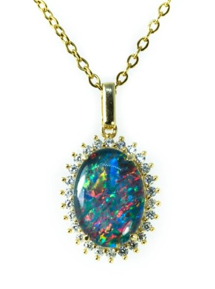 Collana con opale – Collana con ciondolo in vero opale australiano in argento Sterling 925 placcato oro, gioiello da donna, piccolo, argento/gemma, opale